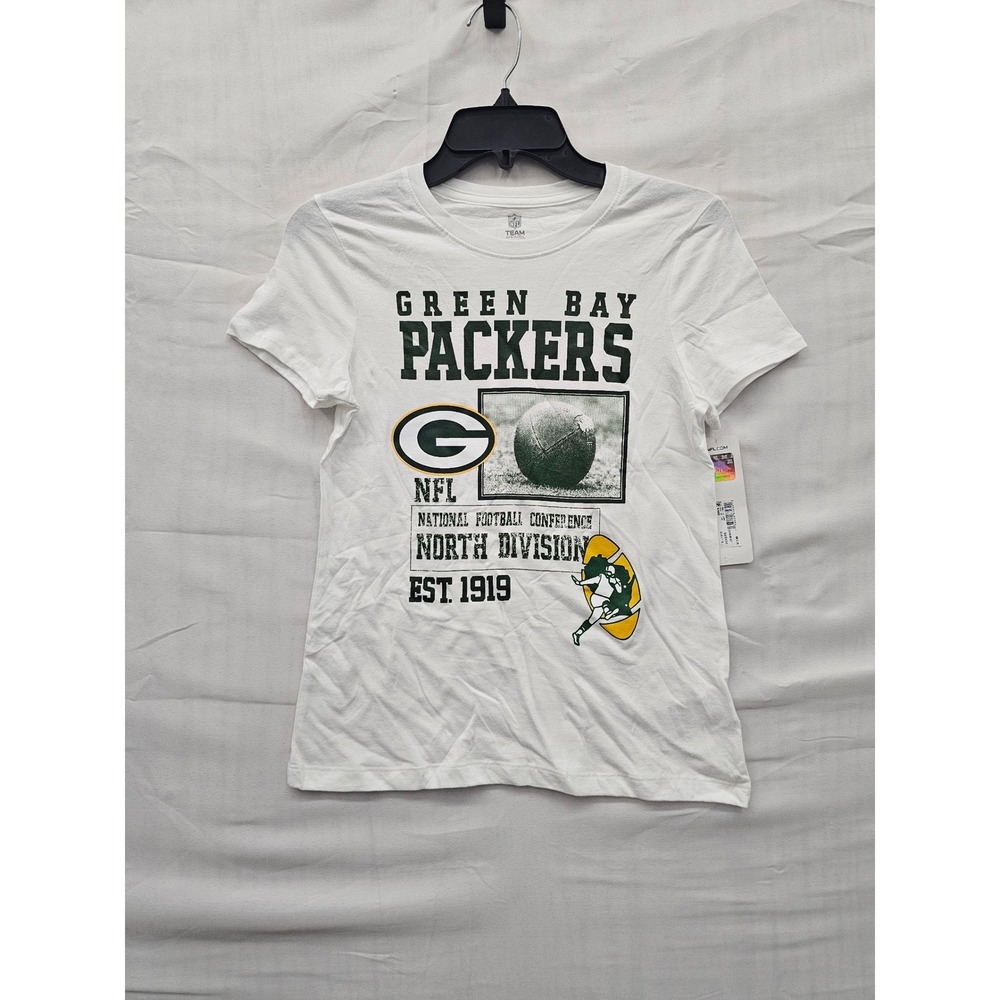 NFL Team Apparel Girls Green Bay Packers T‎ Shirt White Cotton Size 10/12 Large